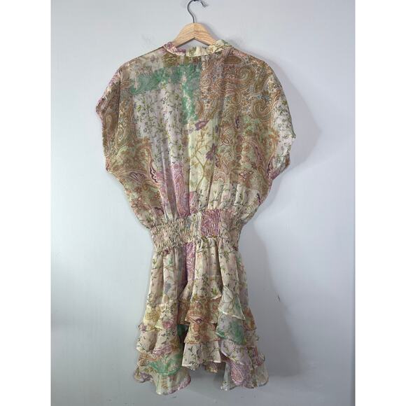 NWT MISA Los Angeles Evie Patchwork Smocked Cap Sleeve Lined Mini Dress Sz Large - Picture 6 of 7